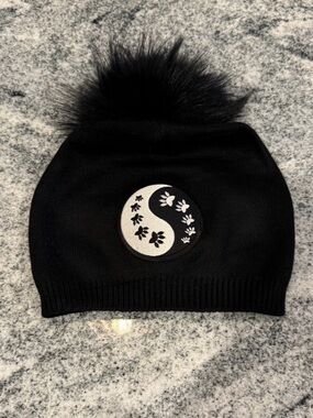 New Custom Designed Black Knit Pom Slouchy Beanie with Yin Yang Paws